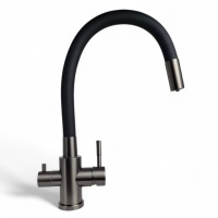 Смеситель для кухни STONE из нерж.стали с гибким черным изл., с краном для фильтра оружейная сталь